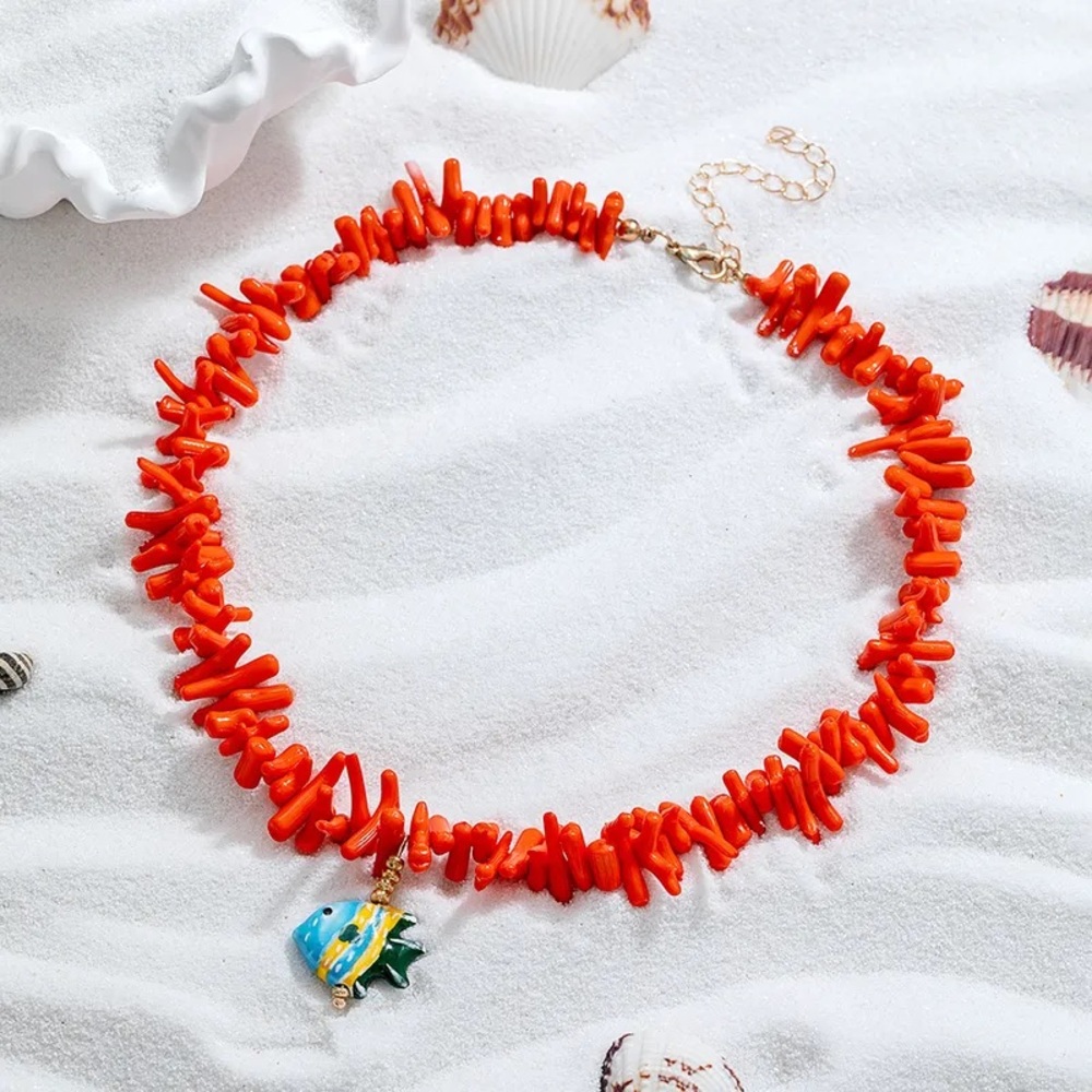 Camila Coelho Red Coral Chip Necklace with Enamel Fish Charm - Picture 3 of 6
